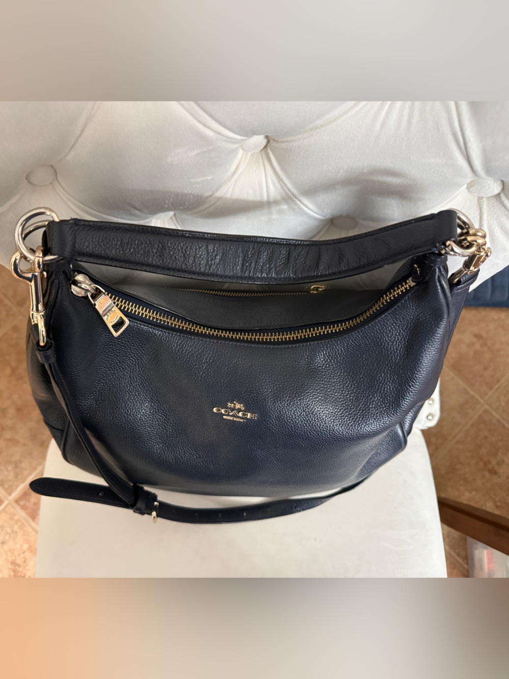 Coach Classic Navy Pebbled Leather Hobo – Soft Slouchy Shoulder Bag